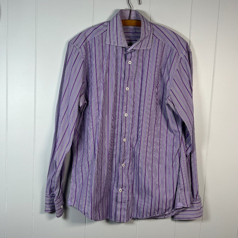 Bugatchi Uomo Purple White Stripe Cotton Long Sleeve Dress Shirt sz15.5 34/35